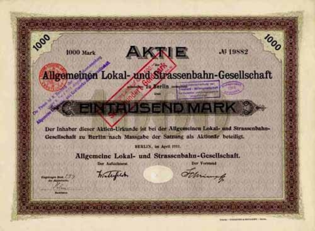 Altes deutsches Aktienzertifikat, ausgestellt von der deutschen Regierung mit gedrucktem Text und numerischen Werten.