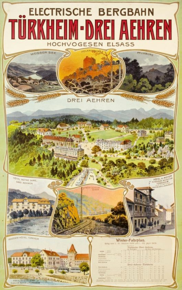 Plakat für Bergbahn, Deutschland, zeigt Gebäude, Bäume, Hügel und beschreibenden Text zur elektrischen Stadt.