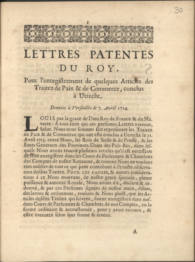 Offenes Buch mit dem Titel "Letters Patentes du Roy" mit fetter Schrift und einem detailreichen Design auf der sichtbaren Seite.