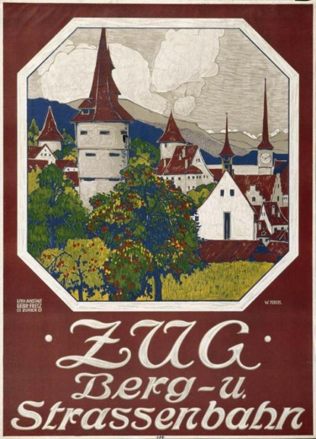 Plakat für die Zug Berg-u-Strassenbahn in der Schweiz mit einer Landschaft aus Bäumen, Gebäuden und Bergen.