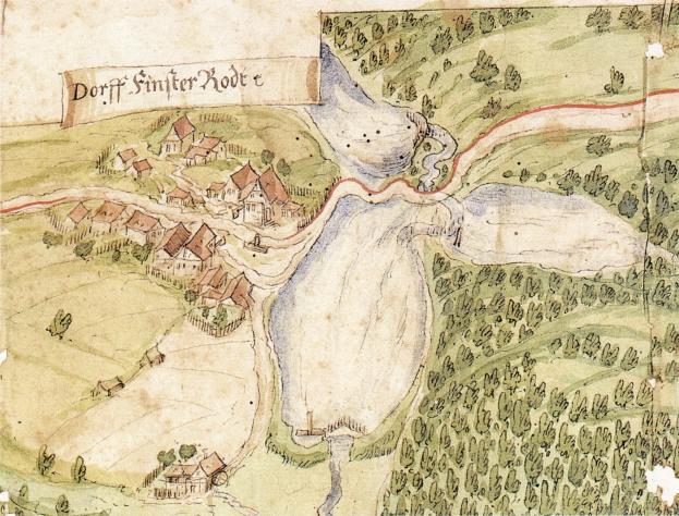 Alte Karte einer Kleinstadt mit einem Fluss, Häusern, Bäumen, Gras und Text auf Papier.