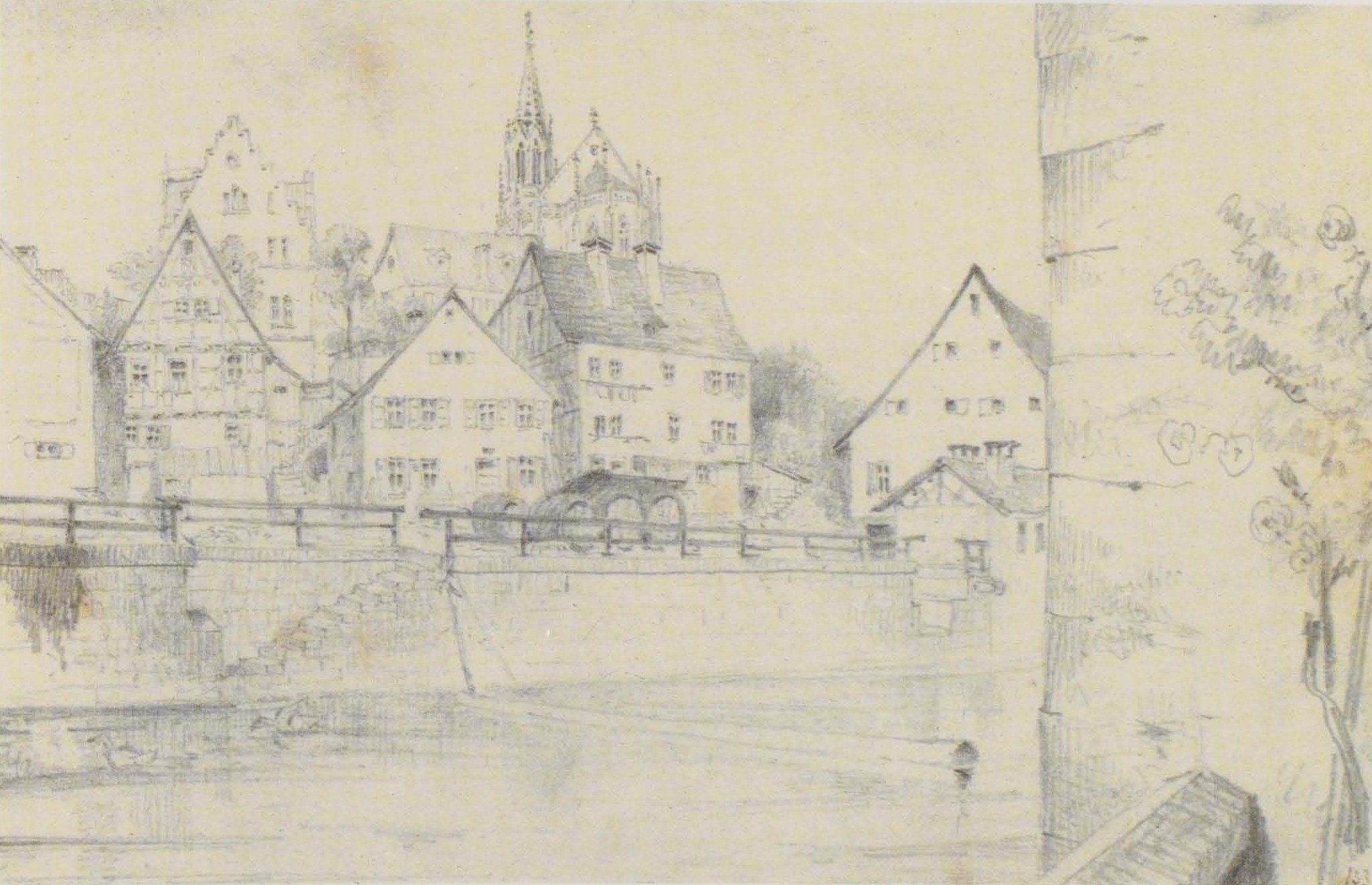 Ein Bleistiftbild mit dem Titel "Nürnberg, Deutschland" von Joseph Mallord William Turner, das eine Stadtansicht mit einem Fluss, Gebäuden, Bäumen und einer Brücke zeigt.