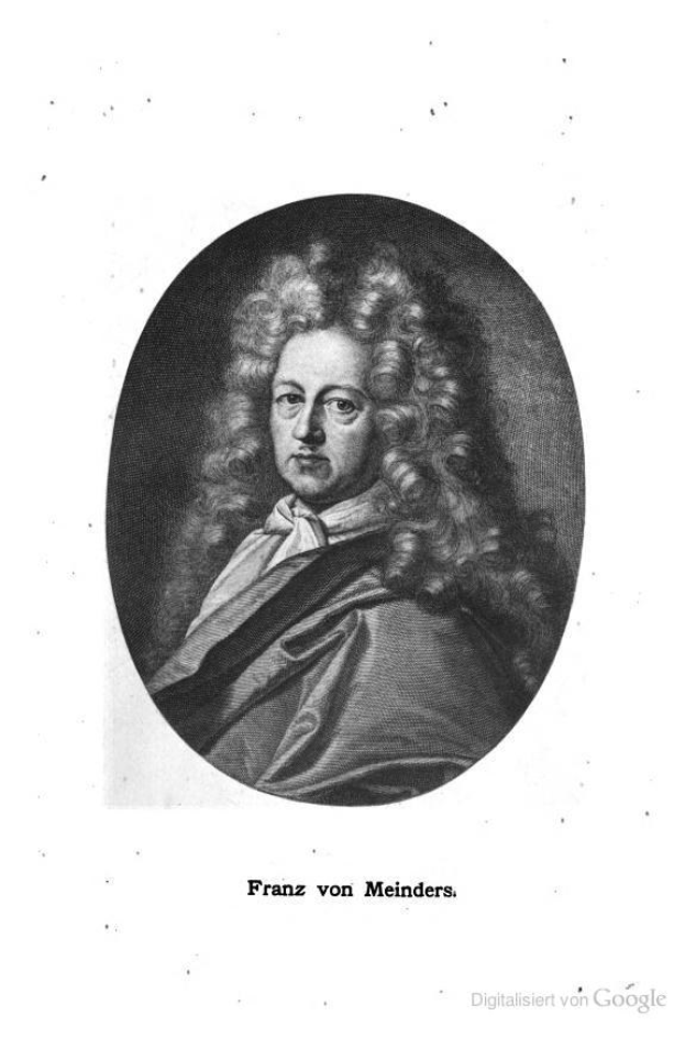 Ein Schwarz-Wei├č-Portr├Ąt von Franz von Meinders, einem deutschen Komponisten mit langen Locken, mit deutschem Text unten.