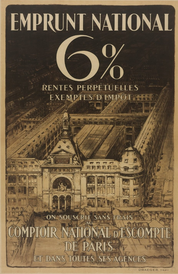 Plakat mit einem zweistöckigen weißen Gebäude mit rotem Dach, das eine zentrierte schwarze Schrift mit der Aufschrift "emprunt national 6% - rentes perpetuelles exemptes impot" auf einem hellblauen Hintergrund zeigt.
