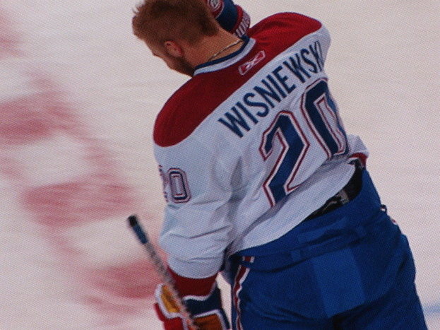 Professioneller Eishockeyspieler in einem "Wisniewski"-Trikot, der konzentriert auf dem Eis steht und einen Hockey-Schläger hält.