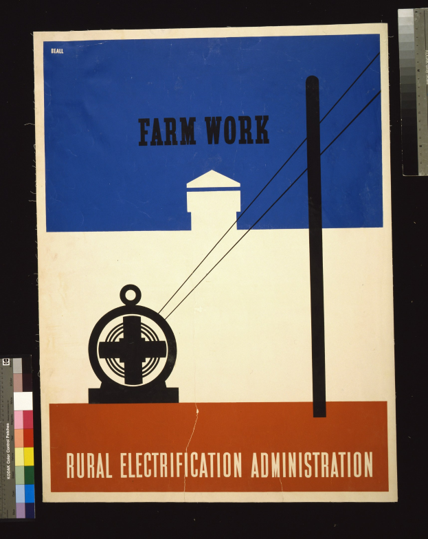 Plakat mit fetter schwarzer Schrift "Landwirtschaftliche Arbeit Stromversorgung auf dem Land" auf einem weißen Hintergrund, umrandet von einem schmalen schwarzen Rahmen, mit einer Grafik eines Hofes mit einem Traktor und einem Bauernhof im Hintergrund.