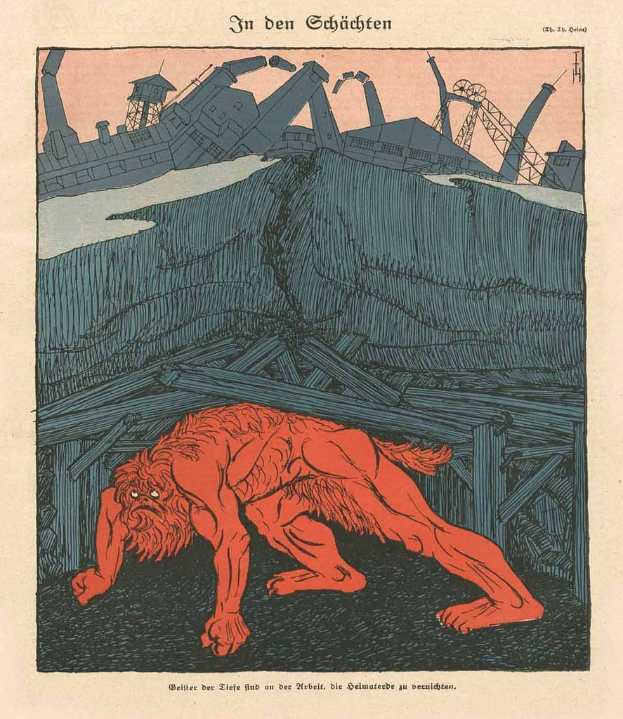 Illustration eines bedrohlichen Werwolfs in Kampfstellung vor einem rauchenden Fabrikgebäude mit einem auffälligen Plakat des Kreatur im Hintergrund unter einem tiefblauen Himmel.