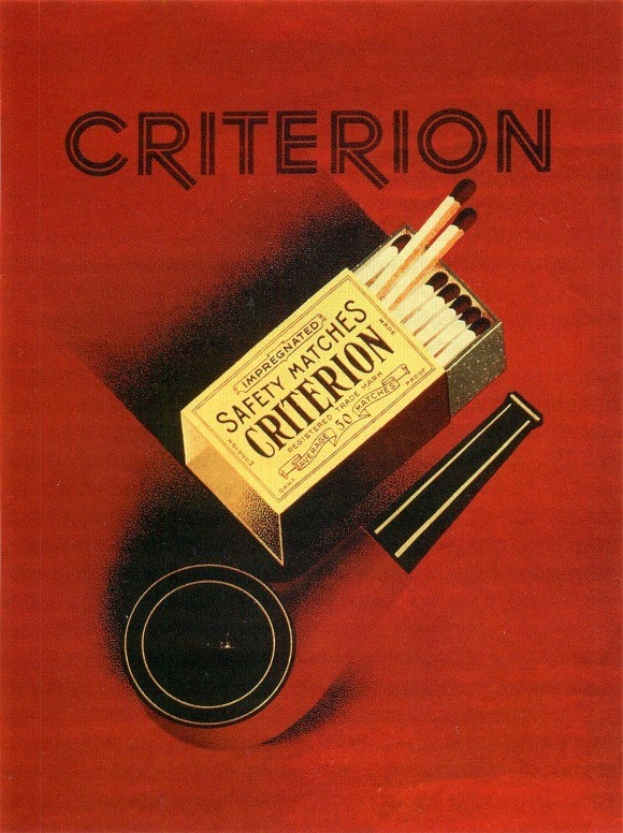 Rotes Buch mit einer Schachtel "Criterion Safety Matches" Zigaretten darauf, mit Text auf dem Cover.