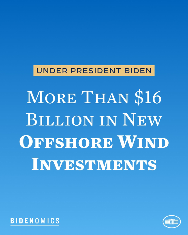 Plakat mit einem blauen Hintergrund und weißer Schrift, die besagt "Mehr als 16 Milliarden in neue Offshore-Wind-Investitionen unter Präsident Biden".