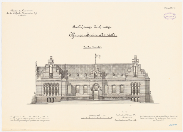 Eine Zeichnung des Hauptsaals des Deutschen Bundestages in Berlin mit einer Flagge darauf, begleitet von Text.