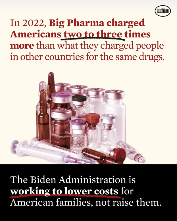 Ein Plakat, das zeigt, dass Big Pharma 2022 in den USA zwei bis drei Mal so viel für dieselben Medikamente verlangte wie in anderen Ländern, mit ein paar Flaschen und einer Spritze.