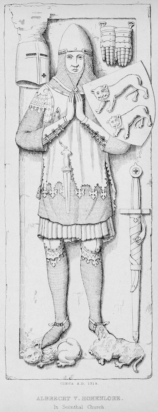 Schwarz-weisse Zeichnung eines Mannes in Rüstung, der ein Schwert hält, mit der Aufschrift "Albrecht von Hohenlohe" darunter.