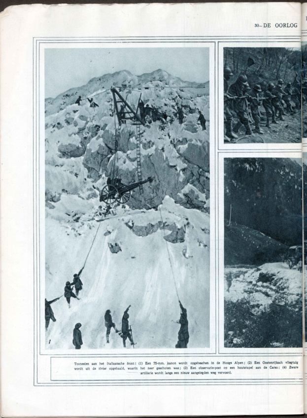 Schwarzes und weißes Foto von Menschen, die einen schneebedeckten Berg in einem offenen Buch hochklettern, mit zusätzlichen Bildern und Text.