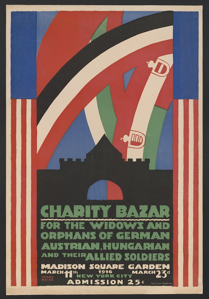 Charity-Bazar-Plakat für Witwen und Waisen deutscher, australischer, ungarischer und alliierter Soldaten mit Veranstaltungdetails im Text.