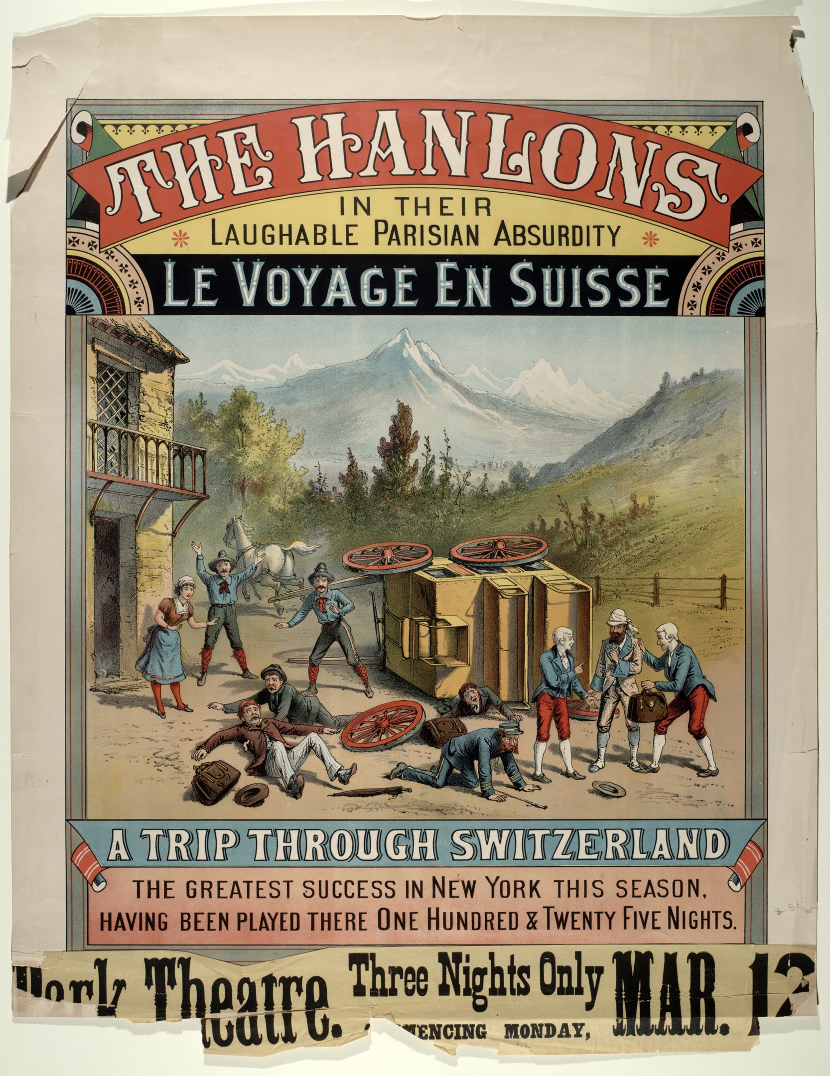 Plakat für 'Hanlons lachhafte Pariser Absurdität Le Voyage en Suisse', das eine Gruppe von Menschen, ein Gebäude, Bäume, Hügel und Himmel mit Überschrift zeigt.
