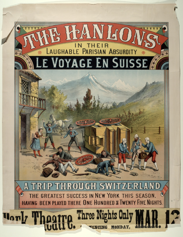 Plakat für 'Hanlons lachhafte Pariser Absurdität Le Voyage en Suisse', das eine Gruppe von Menschen, ein Gebäude, Bäume, Hügel und Himmel mit Überschrift zeigt.