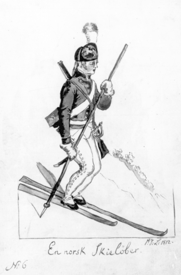 Eine Schwarz-Weiß-Zeichnung eines Mannes in Uniform, der eine Mütze trägt und ein Gewehr hält, der auf Skiern steht, mit der Aufschrift "1812-1812 nordisches Skifahren" unten.