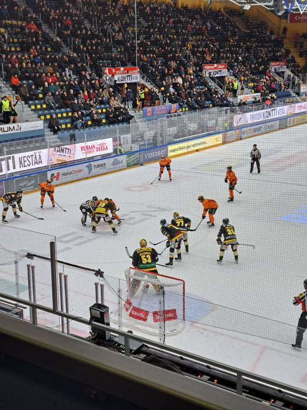 Gruppe von Menschen, die Hockey auf einem Eisstadion spielen