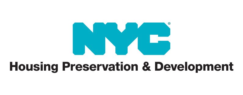 Weißer Hintergrund mit mittig gesetzter fettgedruckter schwarzer Schrift "NYC Housing Preservation & Development" in moderner Schriftart, umgeben von einem dünnen schwarzen Rand.