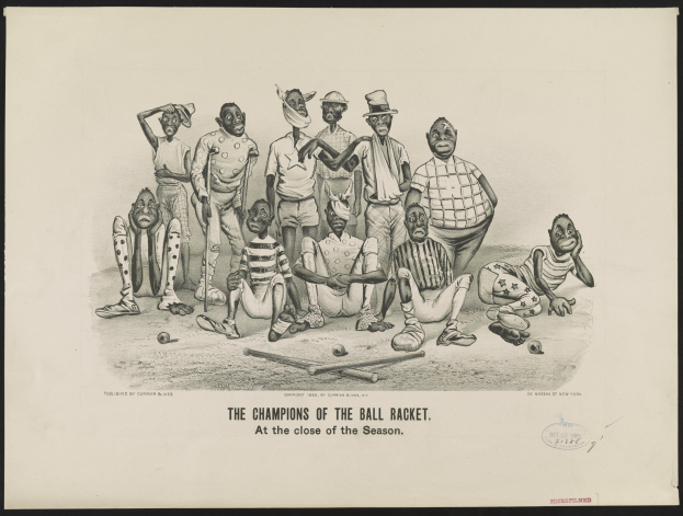 Schwarze und weiße Zeichnung von Menschen mit Baseballschlägern und Bällen, betitelt "Die Champions des Ballspiels am Ende der Saison".