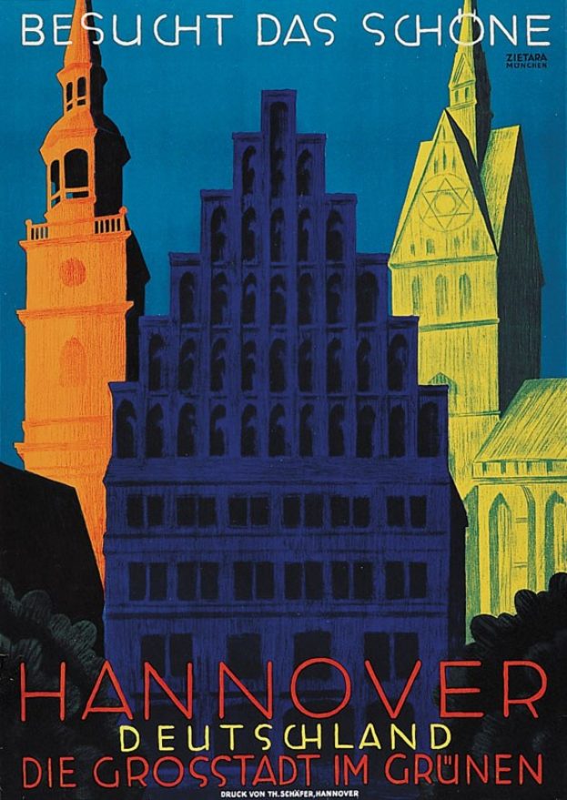 Plakat für Hannover, Deutschland, mit Geböuden und Böumen, mit Text über die Stadt.