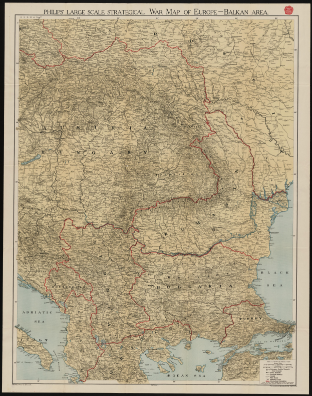 Ein großformatiger strategischer Europa-Kriegskartenrahmen mit hervorgehobener Balkan-Region in Rot.