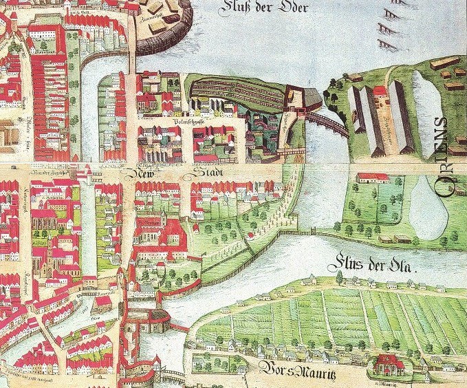 Detailiertes altes Stadtplan von Stuttgart, Deutschland, zeigt Straßen, Gebäude, Bäume, Gras, Wasser und Text mit Informationen zur Bevölkerung, Geschichte und Kultur.
