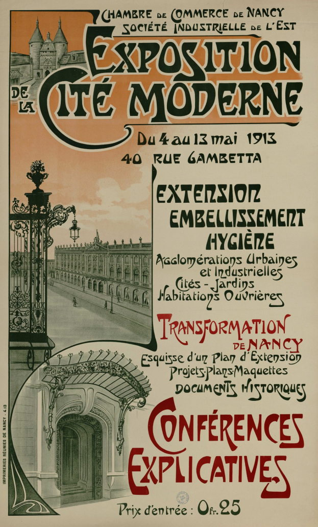Plakat für eine Ausstellung in Cite Moderne mit einem Bild eines Gebäudes, eines Tors und eines bewölkten Himmels mit Text zu Ausstellungseinzelheiten.
