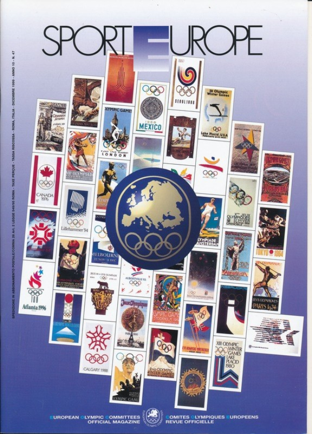 Ein Buchumschlag mit dem Titel "Sporting Europe", der farbenfrohe Bilder und Texte zum Thema Olympische Spiele in Europa zeigt, mit fetter weißer Schrift auf einem bunten, detaillierten Hintergrund.