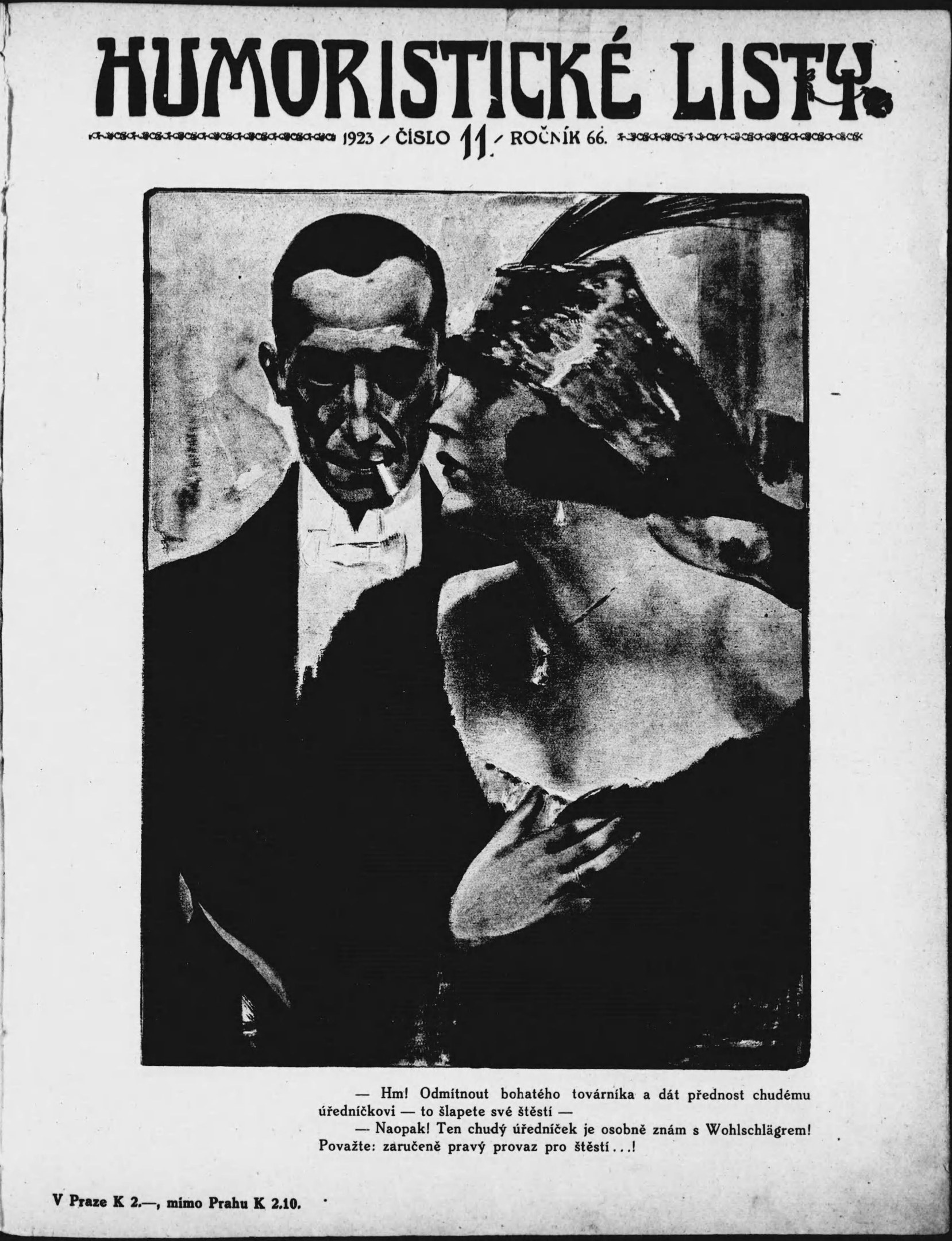 Schwarze und weiße Zeitschriftentitel 'Humoristische Liste' mit einem Mann im Anzug mit ernster Miene und einer Frau, die verschmitzt in die Ferne blickt.