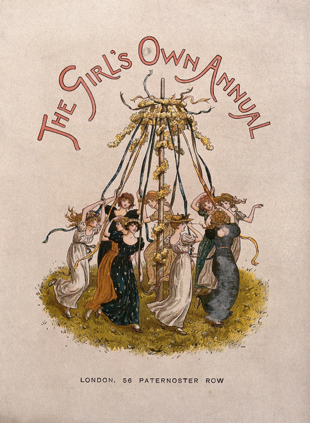 Illustration aus "The Girl's Own Annual", die Menschen in bunten Kleidern beim Tanzen um einen geschmückten Maibaum zeigt.