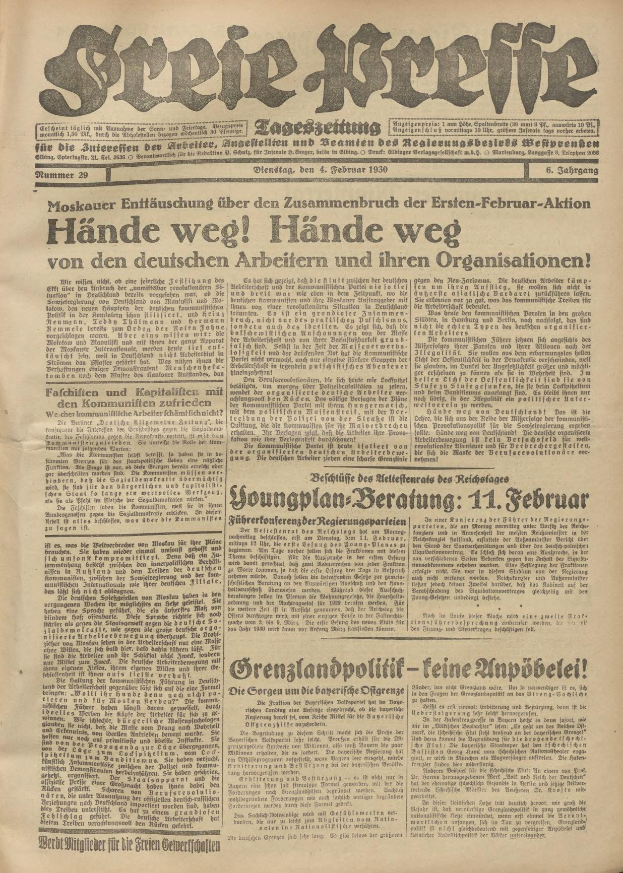 Schwarze und weiße Titelseite einer alten deutschen Zeitung mit einem ernstblickenden Mann.