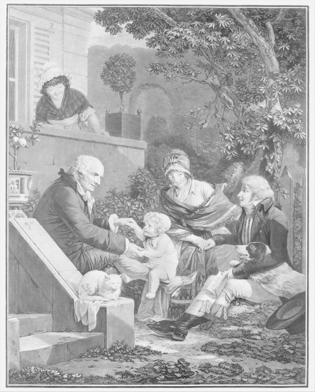 Eine schwarz-weiße Gravur einer Familie auf den Stufen eines Hauses, mit einem Mann, der ein Baby in der Mitte hält, zwei Frauen und einem Kind auf beiden Seiten, Treppen auf der linken Seite, Bäume und eine Wand im Hintergrund und Text unten.