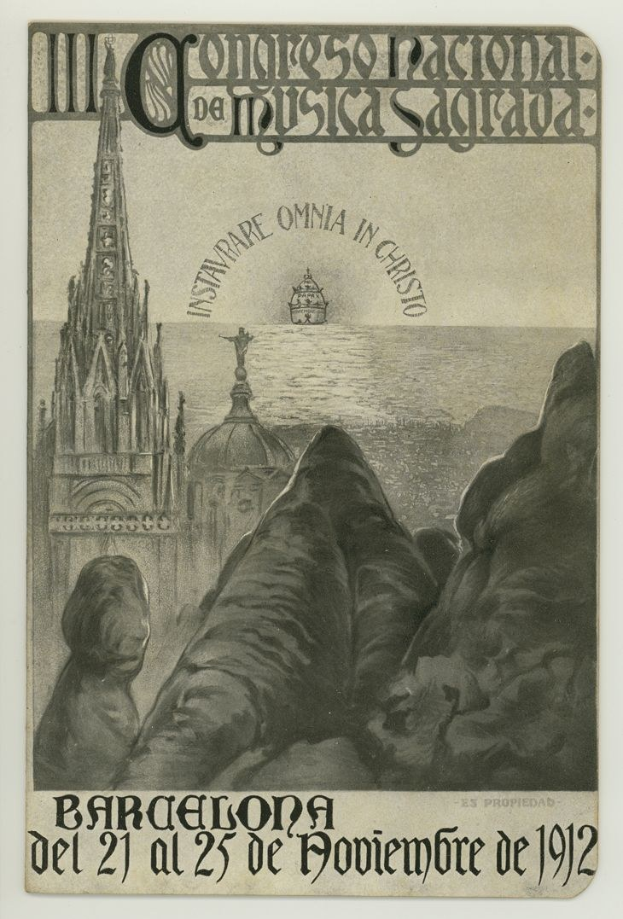 Plakat aus dem Jahr 1912, das ein Konzert in Barcelona, Spanien ankündigt und ein Gebäude, eine Statue und einen Wasserlauf mit Text zeigt.
