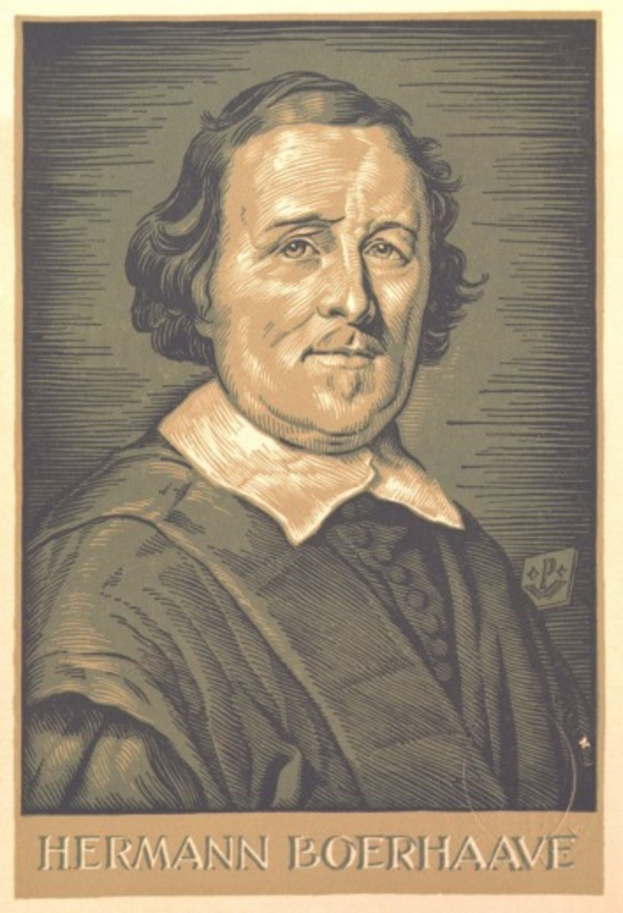 Portr├Ąt von Hermann Boerhaave, einem deutschen Philosophen, mit Text unten auf dem Bild.