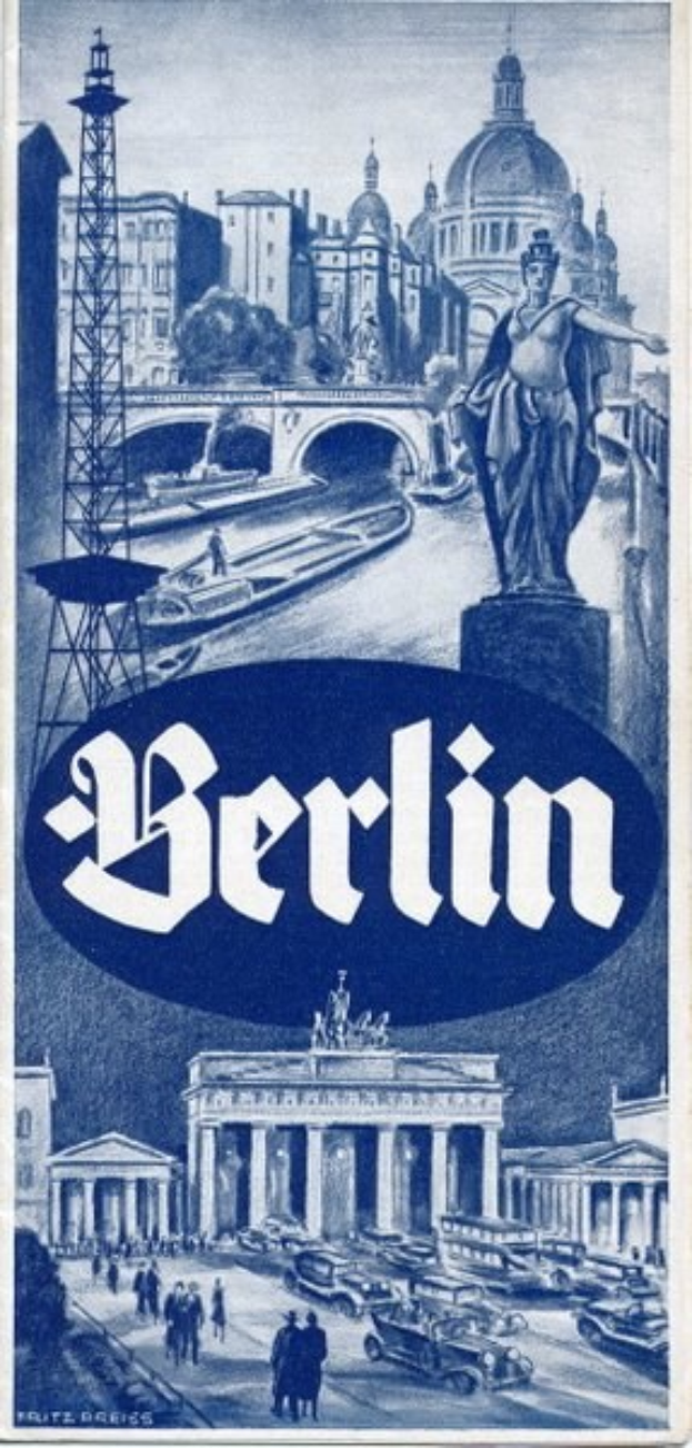 Plakatwerbung Berlin, Deutschland, mit einer Statue, historischen Gebäuden, einem Turm, Menschen, Fahrzeugen auf einer Straße und einer Brücke, mit Text zur Stadtinformation.
