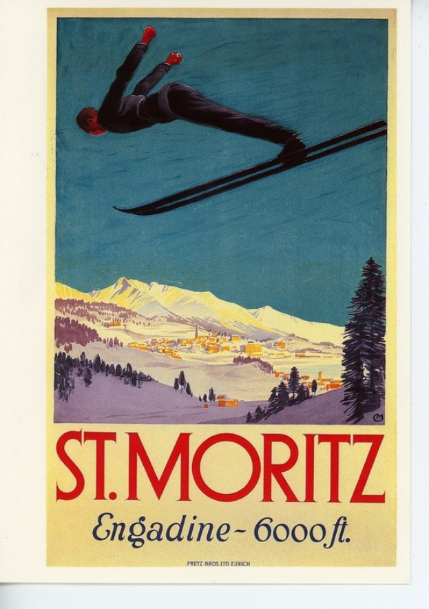 Ein Plakat zeigt einen Skifahrer in der Luft vor einem Hintergrund aus Bäumen, Häusern und Bergen, mit dem Text "St. Moritz, Engadin - 6000ft" unten.