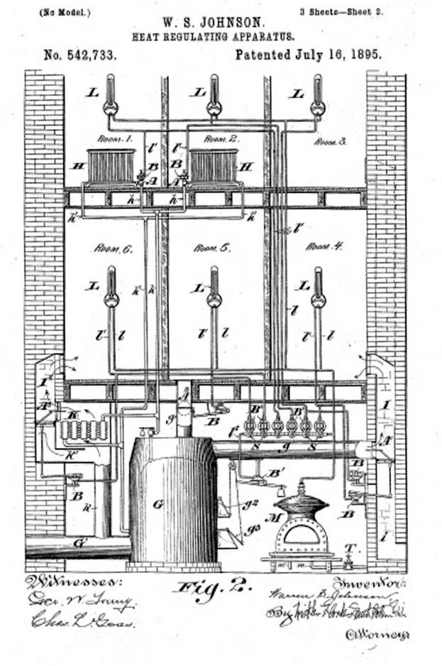 Schwarz-weißes technisches Zeichnung eines 1885 Wärmeregulierungsgeräts mit zahlreichen Rohren und Ventilen, begleitet von erklärendem Text.