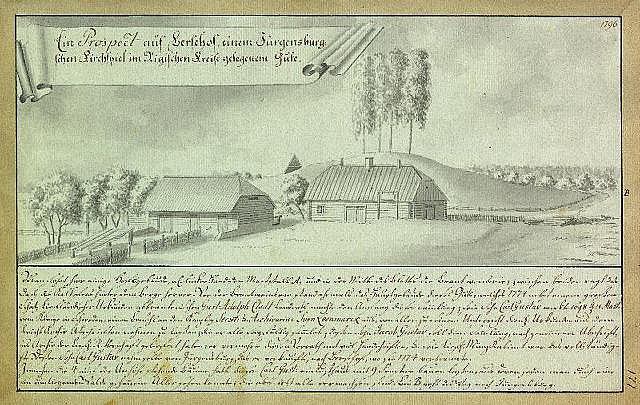 Ein historisches Dokument mit dem Titel 'Surgensburg, Deutschland - Landschaft eines Hofes', das einen Hof inmitten eines Feldes zeigt, umgeben von Häusern, Bäumen und Himmel.