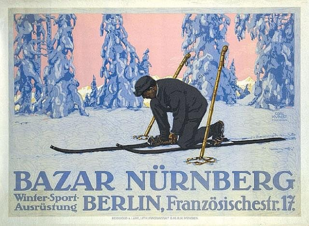 Plakat für den Bazar Nürnberg Winter Sport in Berlin, Deutschland, mit einer Person auf Skiern mit Skistöcken vor einem Baumhintergrund und Event-Text.