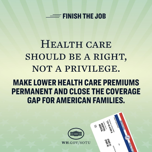 Plakat mit dem Text "Beende den Job: Gesundheit sollte ein Recht sein, nicht ein Privileg" und einer Karte mit der Aufschrift "Mache niedrigere Gesundheitspr├Ąmien permanent und schlie├če die Lücke in der Gesundheitsversorgung für amerikanische Familien."