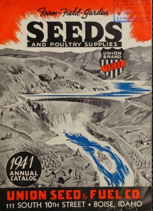 Titelbild des Union Seed & Fuel Co. Jahreskatalogs von 1941 "Samen und Geflügelfutter", das eine farbenfrohe Illustration von Samen und Geflügelfutter zeigt.