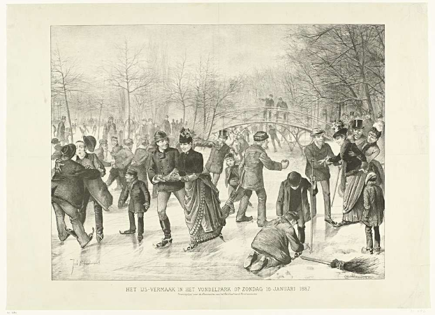 Gruppe von Menschen, die auf einem zugefrorenen Teich in einem Park Schlittschuh laufen, mit Bäumen und einer Brücke im Hintergrund, beschriftet mit "Het us-vermaak in het vondelpark op zondag 10 januari 1887".