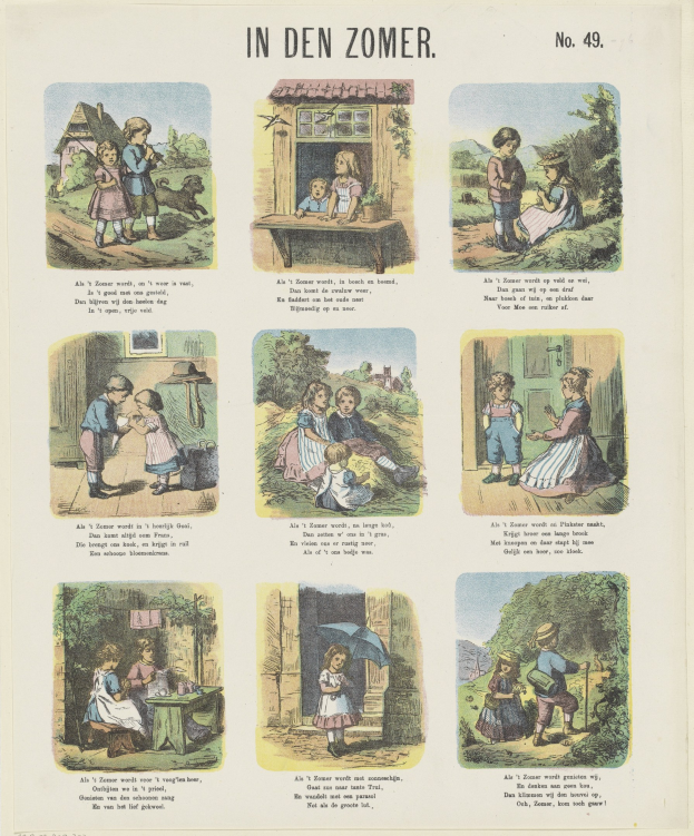 Ein buntes Kinderbild zeigt Kinder, die in einem üppigen Garten mit Bäumen und Sträuchern spielen, alle strahlend.