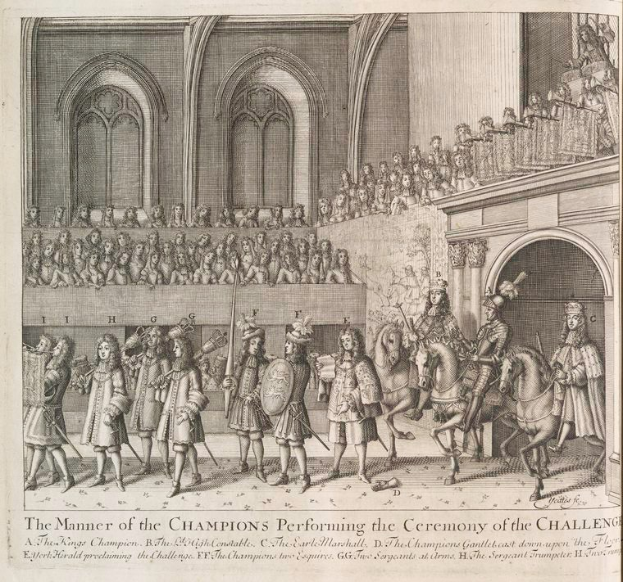 Eine Zeichnung einer Gruppe von Menschen, einige zu Pferd, vor einer Menge mit einem Gebäude im Hintergrund und einem Text unten mit der Aufschrift "Die Art und Weise, wie die Champions die Herausforderung durchführen".