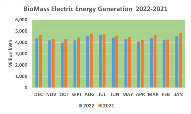 Eine Liniengrafik, die die Trends der elektrischen Energieerzeugung aus Biomasse von 2021 bis 2022 zeigt, mit begleitendem Erklärungstext.