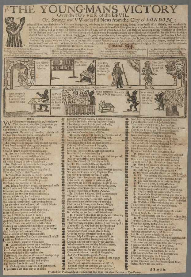 Ein Blatt mit Text und Illustrationen, das den Sieg eines jungen Mannes feiert, mit detaillierten Zeichnungen von entschlossenen jungen Männern und fettem siegreichen Text.