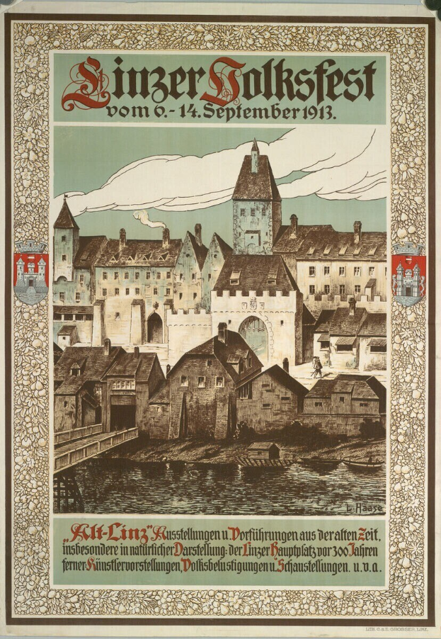Altes deutsches Festivitätsposter mit einer Burg- und Häuserillustration, begleitet von Text.