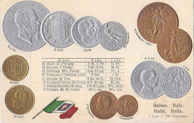 Ein Blatt Papier mit einer Reihe italienischer Münzen von 1877 bis 1910, darunter mehrere 20-Lire-Münzen, mit Text und Porträts sowie zwei Flaggen am unteren Rand, darunter die italienische Flagge.
