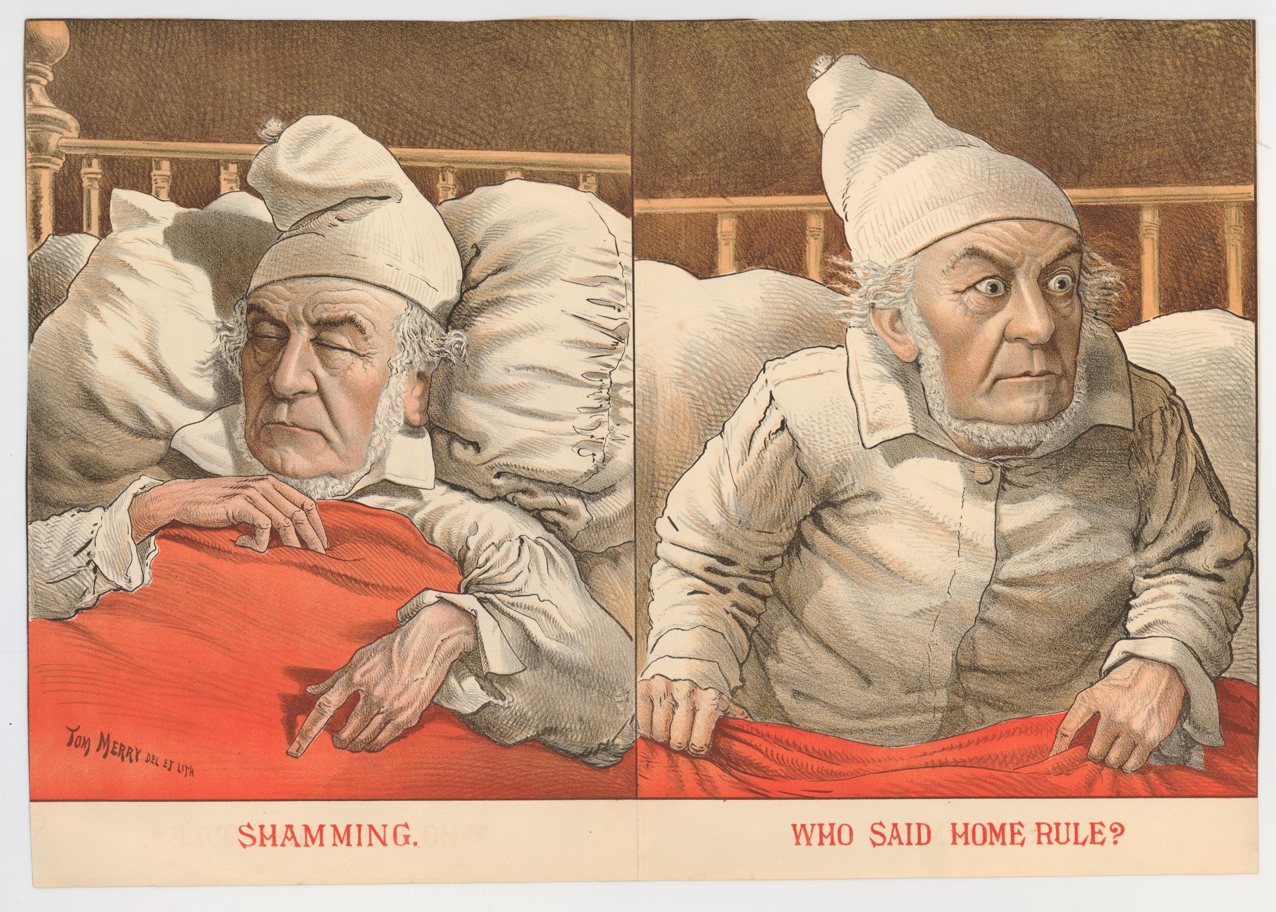 Ein älterer Mann liegt im Bett, zugedeckt mit einer roten Decke, umgeben von Kissen und einem Bettlaken, mit dem Text "Wer sagte Hausregel?" unten sichtbar.